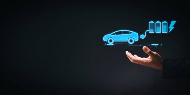 Choosing an electric vehicle. electric car choice. pointing at symbol on charging machine. electric car production Virtual Technology AR Augmented Reality or VR Virtual Reality metaverse