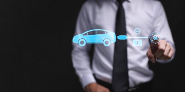 Choosing an electric vehicle. electric car choice. pointing at symbol on charging machine. electric car production Virtual Technology AR Augmented Reality or VR Virtual Reality metaverse