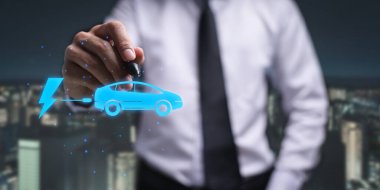 Choosing an electric vehicle. electric car choice. pointing at symbol on charging machine. electric car production Virtual Technology AR Augmented Reality or VR Virtual Reality metaverse