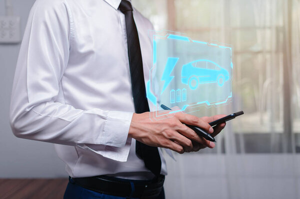 Choosing an electric vehicle. electric car choice. pointing at symbol on charging machine. electric car production Virtual Technology AR Augmented Reality or VR Virtual Reality metaverse