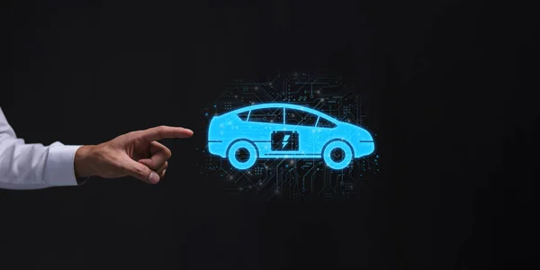Choosing an electric vehicle. electric car choice. pointing at symbol on charging machine. electric car production Virtual Technology AR Augmented Reality or VR Virtual Reality metaverse
