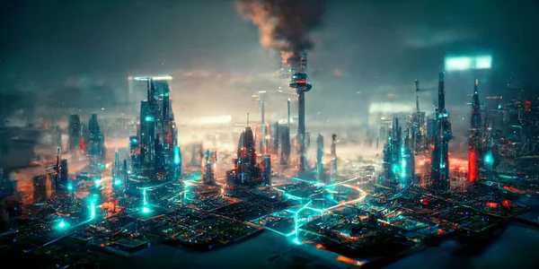 Building house Hi tech technology modern city in a cyber 3D city in a cyber