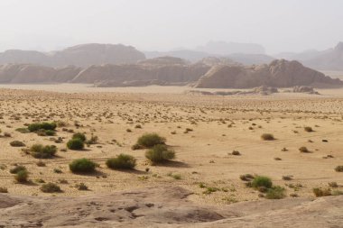 Wadi Rum Çölü, Jordan. UNESCO Dünya Mirası Alanı olarak tanımlanıyor. Ulusal park manzarası. Offroad maceraları seyahat geçmişi. Sis perdesi.
