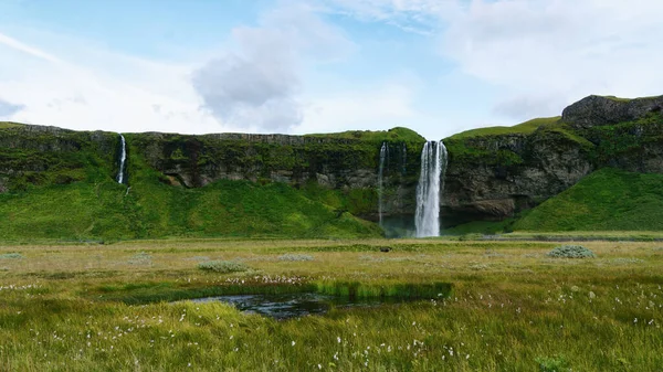 Seljalandfoss Vodopád Řece Seljalandsa Letní Krajina Island Evropa Vodorovné Pozadí — Stock fotografie