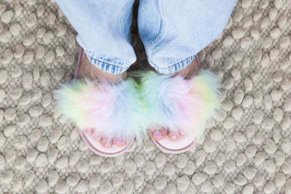 Woman Feet Pink Pedicure Colorful Rainbow Slippers Blue Jeans Wool — Stock Photo, Image