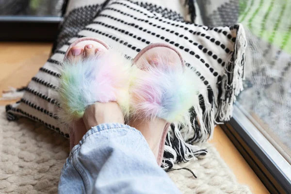 Woman Feet Pink Pedicure Colorful Rainbow Slippers Blue Jeans Wool — 图库照片