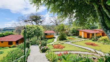 Panama, Boquete, summer residences with tropical gardens in the surrounding hills of the town on a sunny day