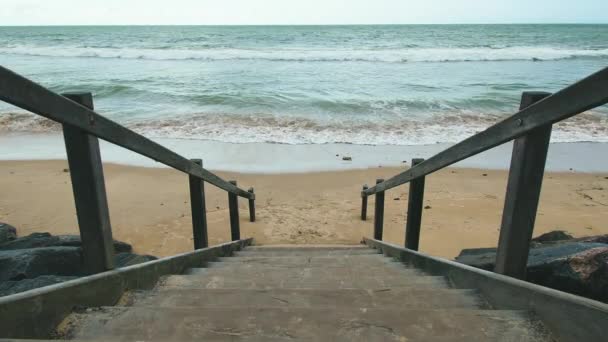 Beachfront Breaking Dawn View Wooden Stairs Way Sea Beach Boa — Stock Video