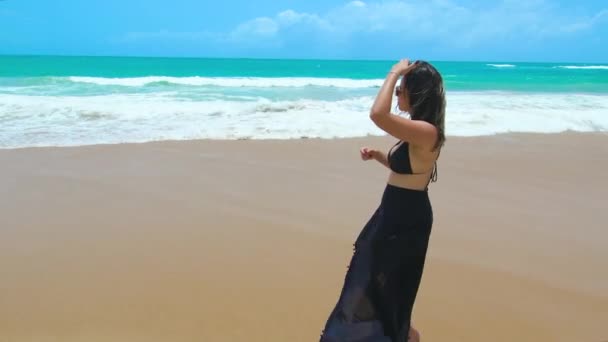 Vacker Kvinna Promenader Sanden Vacker Strand Nordöstra Brasilianska Kusten Stranden — Stockvideo