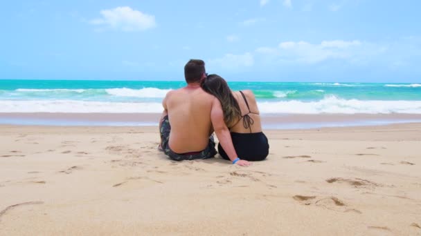 Couple Love Sitting Beach Sand Looking Sea Enjoying Beautiful Summer — стоковое видео