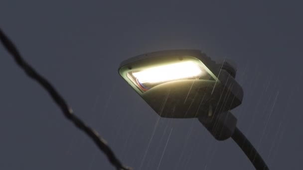 上の公共の光の極は 大雨や曇りの日に 雨の日は街路灯を閉じて — ストック動画