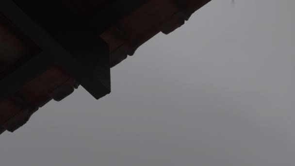 Regen Druppels Vallen Van Een Keramisch Dak Uit Dakgoot Bewolkte — Stockvideo