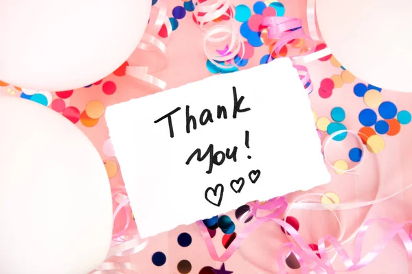 Thank You Card Pink Background Air Balloons Confetti Decorations Beautiful — Stock Photo, Image