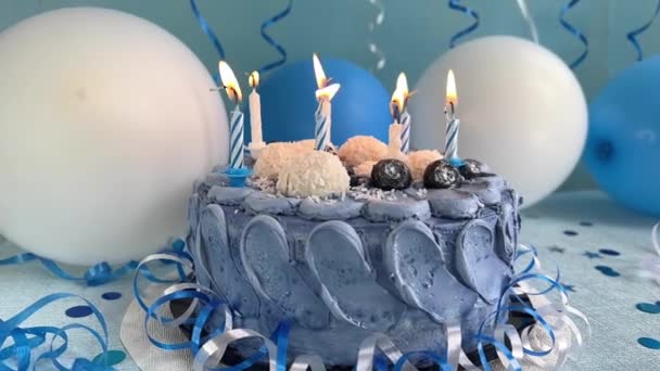 Navy Blue Birthday Cake Candles Blue Background Air Balloons Decorations — Vídeo de Stock