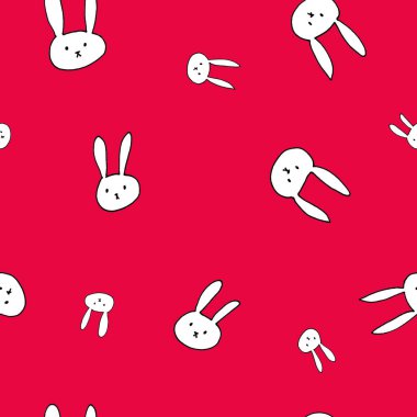 Hand drawn cute bunny characters - seamless pattern with animals on red background