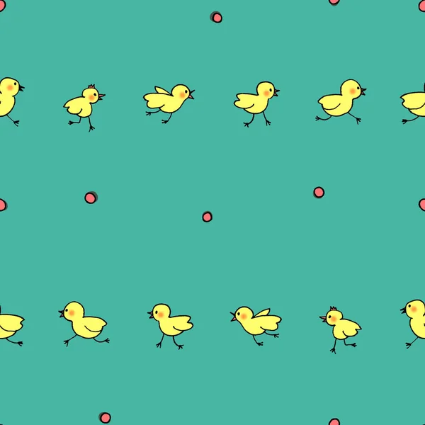 Hand drawn cute chick characters - seamless pattern with birds on green background