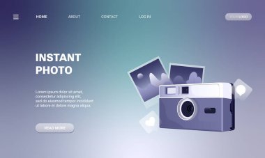 İniş sayfası şablonu ve anlık fotoğraf. Web sitesi ve mobil web sitesi için modern tasarım konsepti. Vektör çizimi. Akıllı telefon, iniş sayfası, poster, afiş, broşür.