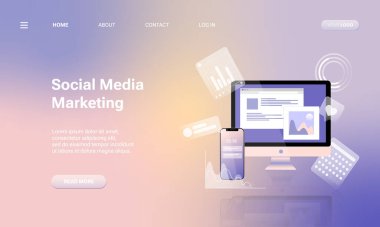 İniş sayfası şablonu dizüstü bilgisayar, çizelgeler, internet göstergeleri ve akıllı telefon. Sosyal medya analizi ve SMM için çevrimiçi araç veya hizmet kavramı. Web sitesi için vektör illüstrasyonu.