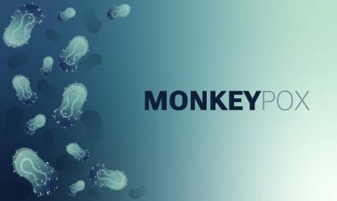 Maymun Çiçeği virüsü hücrelerinin taşıyıcı illüstrasyonu tıbbi afişi. Beyaz bilim arka planında maymun çiçeği virüsü hücreleri. Maymun çiçeği mikrobiyolojik vektör arkaplan, el ilanı veya poster