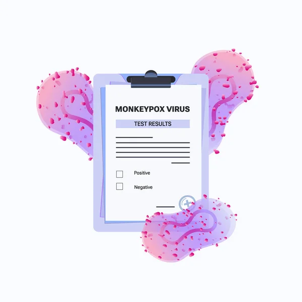 Maymun Çiçeği virüsü vektör illüstrasyonu test sonuçlarıyla birlikte mor pano. 