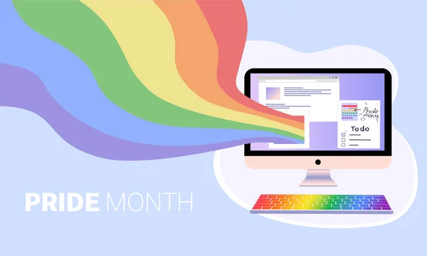 Soyut arkaplanda Lgbt gökkuşağı renklerinde Gurur Ayı düz vektör illüstrasyon bilgisayarı ve soyut bayrak