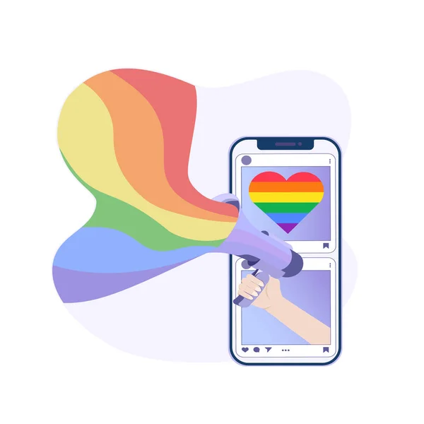 Pride Månad Platt Vektor Illustration Smartphone Och Hand Med Högtalare — Stock vektor