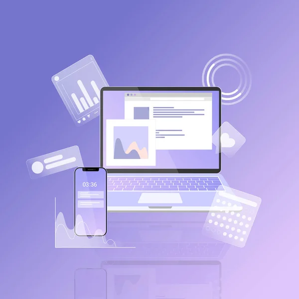 Vektör illüstrasyon bilgisayarı, çizelgeler, internet göstergeleri ve akıllı telefon. Sosyal medya analizleri için çevrimiçi araç veya hizmet kavramı ve web sitesi, uygulama, afiş veya el ilanı için SMM