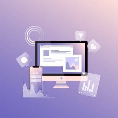 Vektör illüstrasyon bilgisayarı, çizelgeler, internet göstergeleri ve akıllı telefon. Sosyal medya analizleri için çevrimiçi araç veya hizmet kavramı ve web sitesi, uygulama, pankart veya el ilanı için SMM