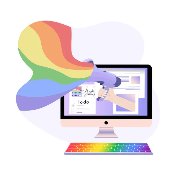 Gurur Ayı düz vektör illüstrasyon bilgisayarı ve Lgbt gökkuşağı renklerinde hoparlörlü el.