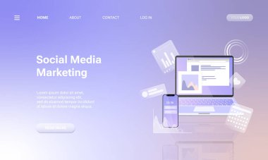 İniş sayfası şablonu dizüstü bilgisayar, çizelgeler, internet göstergeleri ve akıllı telefon. Sosyal medya analizi ve SMM için çevrimiçi araç veya hizmet kavramı. Web sitesi için vektör illüstrasyonu.