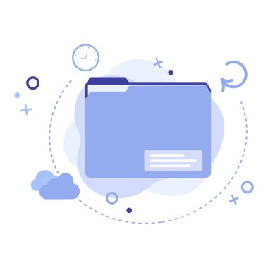 Sosyal medya simgeleri ve soyut arkaplanda şekilleri olan dosya dizininin vektör illüstrasyonu. Sosyal medya, bulut depolama, web sitesi, uygulama, pankart veya el ilanı için dosya yönetimi araçları hizmeti kavramı