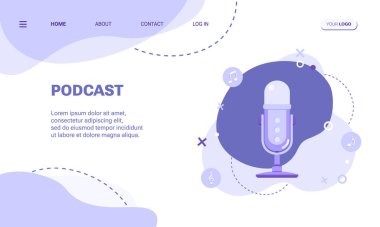 Podcast ya da ses içeriği web pankartı ya da iniş sayfası şablonu. Soyut geometrik şekilli mikrofonun düz vektör çizimi, soyut arkaplanda sosyal medya simgeleri. 