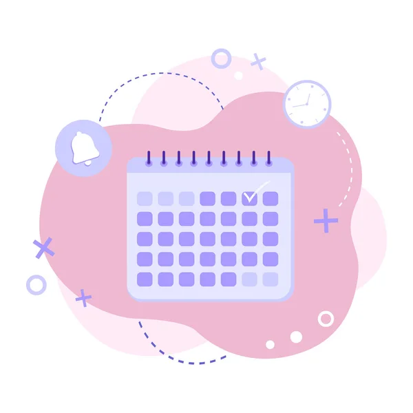 Takvimin soyut arka planda sosyal medya simgeleriyle düz vektör illüstrasyonu. Web pankartları, bilgi grafikleri için kullanılabilir. Planlama, zaman yönetimi ve zamanlama kavramı.