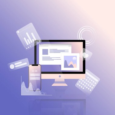 Vektör illüstrasyon bilgisayarı, çizelgeler, internet göstergeleri, sosyal medya simgeleri ve akıllı telefon. Sosyal medya analizleri için çevrimiçi araç veya hizmet kavramı ve web sitesi, uygulama, afiş veya el ilanı için SMM