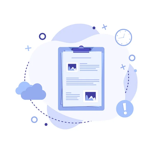 Soyut arkaplanda simgelerle panonun düz vektör illüstrasyonu. Planlama, anket, sınav, yapılacaklar listesi veya anlaşma, webinar veya çevrimiçi eğitim kavramı.