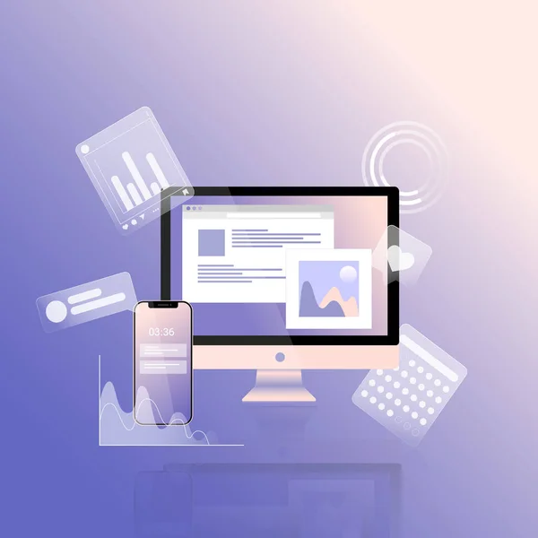 Vektör illüstrasyon bilgisayarı, çizelgeler, internet göstergeleri, sosyal medya simgeleri ve akıllı telefon. Sosyal medya analizleri için çevrimiçi araç veya hizmet kavramı ve web sitesi, uygulama, afiş veya el ilanı için SMM