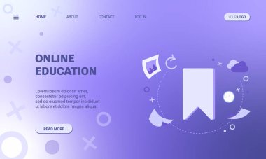 Çevrimiçi eğitim konsepti iniş sayfası şablonu veya web pankartı. Soyut arkaplan üzerindeki soyut geometrik şekilleri ve simgeleri çevreleyen yer imi düz illüstrasyonlu yaratıcı kavram