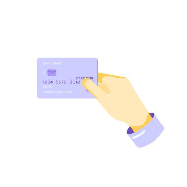 Vektör illüstrasyon insan eli kredi kartı beyaz arka planda izole edilir. Banka ödeme konsepti web iniş sayfası, afiş, uygulama, broşür, iş veya reklam için uygun.