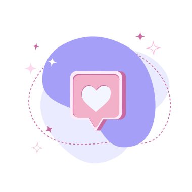 Konuşma balonunda kalp. Bildirim simgesi. Sosyal ağ düz vektör çizimi. Web sitesi, afiş, broşür veya arkaplan simgesi