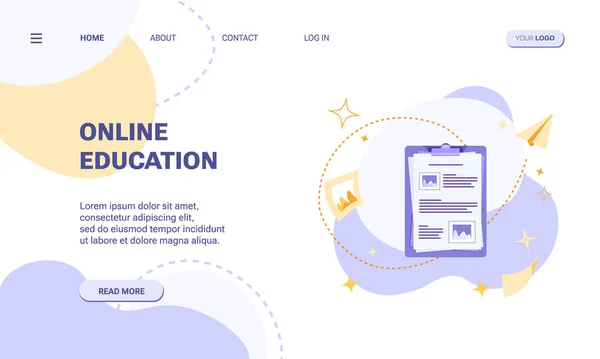 Çevrimiçi eğitim konsepti iniş sayfası şablonu veya web pankartı. Sosyal medya simgelerinin soyut arkaplanda olduğu düz bir pano çizimi. Planlama, araştırma ya da webinar kavramı