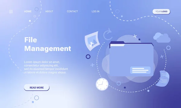 Dosya yönetimi araçları servis şablonu veya web pankartı konsepti. Soyut geometrik şekillere ve soyut arkaplan simgelerine sahip dosya dizininin vektör illüstrasyonu