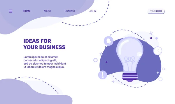 İş için fikir, yaratıcı akıl ya da beyin fırtınası konsepti iniş sayfası şablonu ya da web pankartı. Soyut arkaplanda soyut geometrik şekiller ve simgelerle çevrili ampul lambalı vektör illüstrasyonu