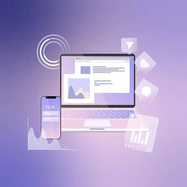 Vektör illüstrasyon pembe dizüstü bilgisayar, çizelgeler, internet göstergeleri, sosyal medya simgeleri ve akıllı telefon. Sosyal medya analizleri için çevrimiçi araç veya hizmet kavramı ve web sitesi, uygulama, afiş veya el ilanı için SMM