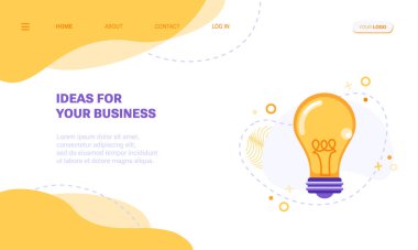 İş için fikir, yaratıcı akıl ya da beyin fırtınası konsepti iniş sayfası şablonu ya da web pankartı. Soyut arkaplanda soyut geometrik şekiller ve simgelerle çevrili ampul lambalı vektör illüstrasyonu