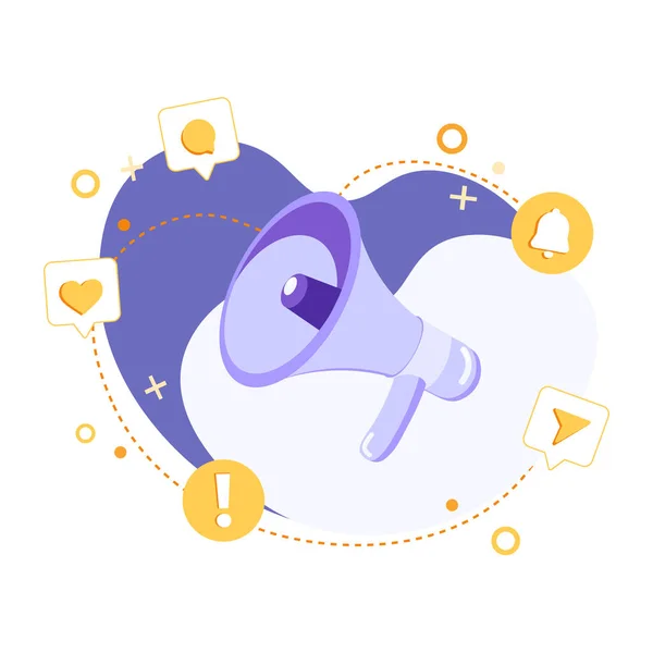 Megafonun düz vektör çizimi ya da soyut arkaplanda simgeleri olan hoparlör. Reklam konsepti, bize katılın, boşluk, bilgilendirme ve duyuru. Web pankartı ya da broşür için kullanılabilir