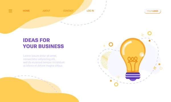 İş için fikir, yaratıcı akıl ya da beyin fırtınası konsepti iniş sayfası şablonu ya da web pankartı. Soyut arkaplanda soyut geometrik şekiller ve simgelerle çevrili ampul lambalı vektör illüstrasyonu