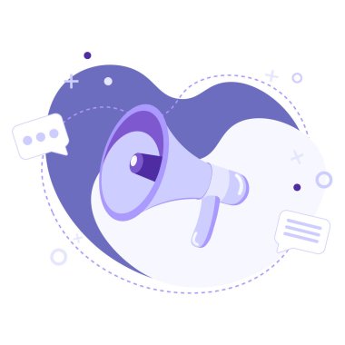 Megafonun düz vektör çizimi ya da soyut arkaplanda simgeleri olan hoparlör. Reklam konsepti, bize katılın, boşluk, bilgilendirme ve duyuru. Web pankartı ya da broşür için kullanılabilir