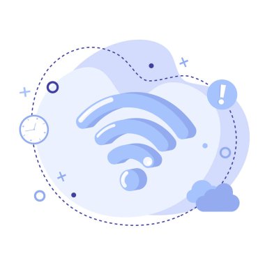 Wiifi, soyut arkaplanda düz resimleme simgesi imzaladı. Dijital ve çevrimiçi yayın için sıcak nokta. İnternetli yayın alanı. LAN bağlantısı olan yönlendirici modemi kullanarak dağıtım ağı sinyali.