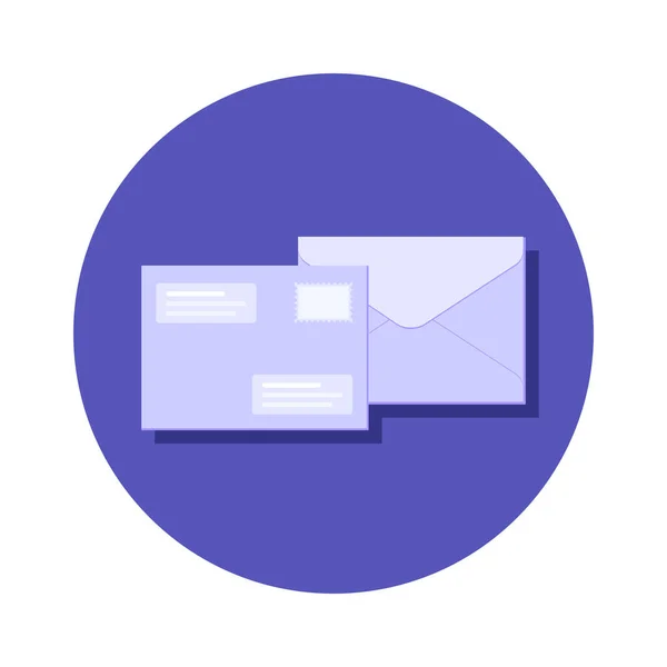 Düz vektör illüstrasyon posta zarfı simgesi, mavi arkaplanda izole edilmiş yeni ileti. Mektuplu e-posta bildirimi, kontrol işareti, kağıt uçak. Sosyal medya ve SMM, web sitesi, uygulama, afiş