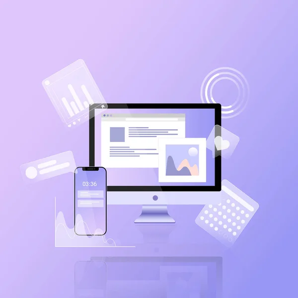 Vektör illüstrasyon bilgisayarı, çizelgeler, internet göstergeleri, sosyal medya simgeleri ve akıllı telefon. Sosyal medya analizleri için çevrimiçi araç veya hizmet kavramı ve web sitesi, uygulama, afiş veya el ilanı için SMM